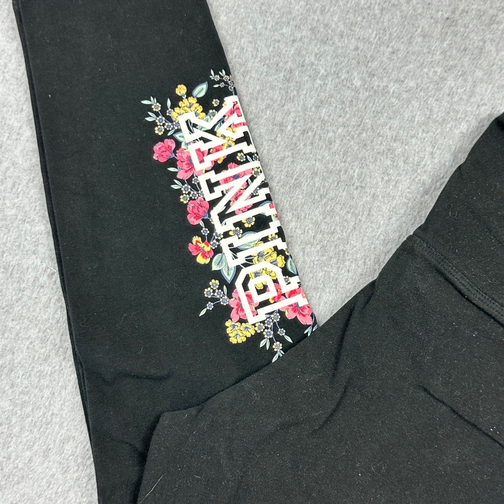 PINK Victoria's Secret Black Floral Logo High Waisted Leggings Large - Picture 2 of 7